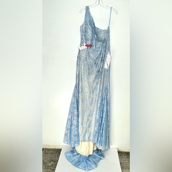 Mac Duggal 48910 One Shoulder Lace Corset Mermaid Dress, Powder Blue, Size 14 - Picture 2 of 12